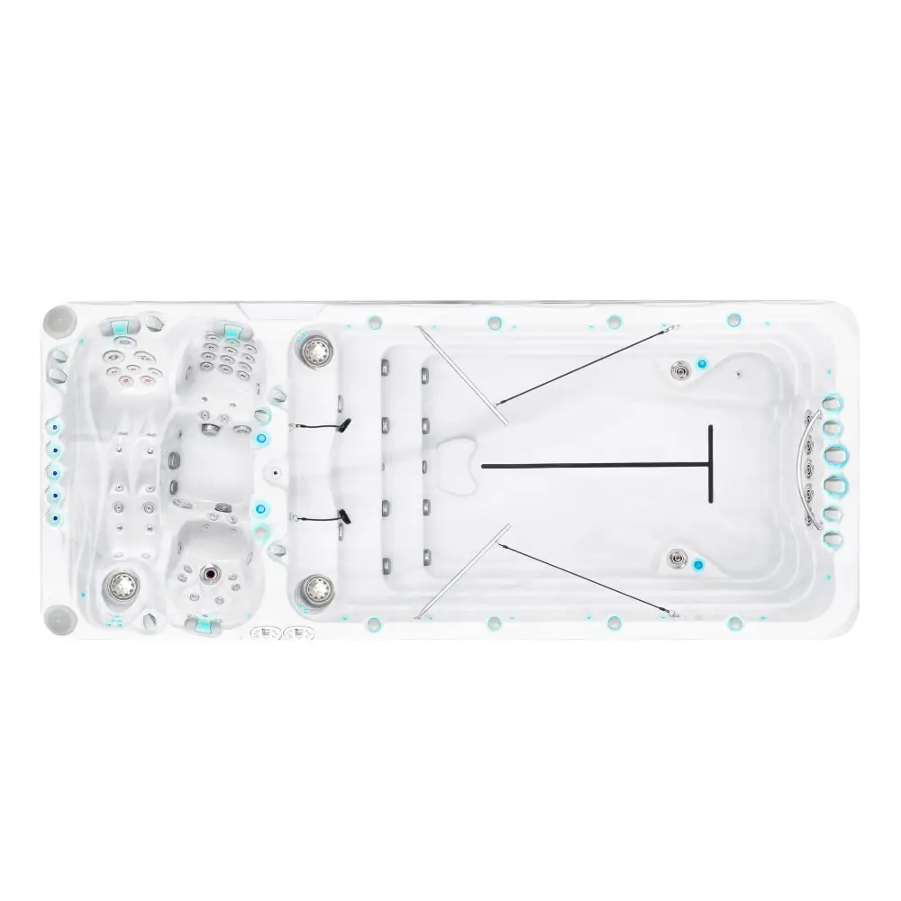 Vit PassionSpa Spirit Swim Spa med vit bad, ljusblå belysning och jetmunstycken